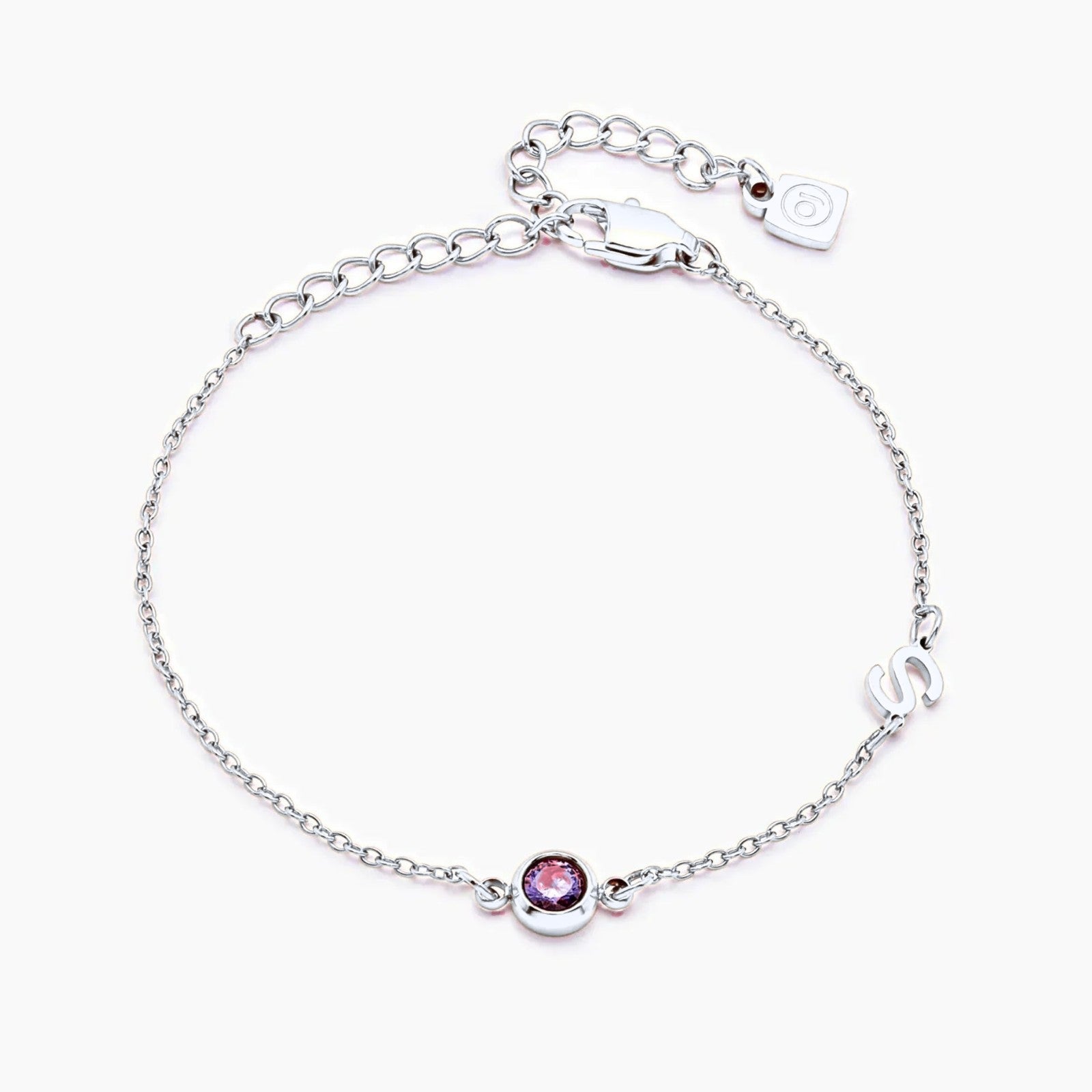 side-set-initial-birthstone-bracelet — Silver / Jul-Ruby