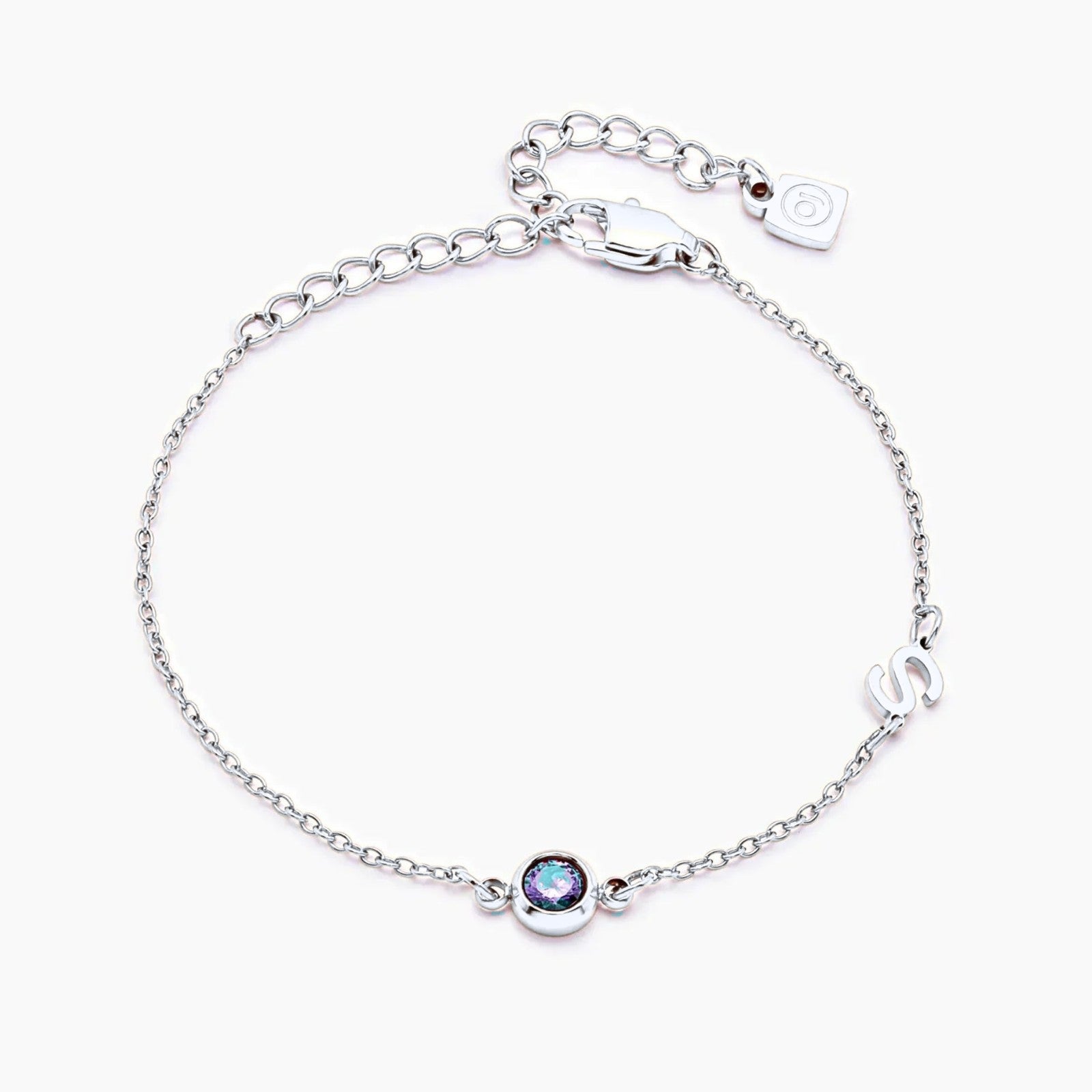side-set-initial-birthstone-bracelet — Silver / Mar-Aquamarine