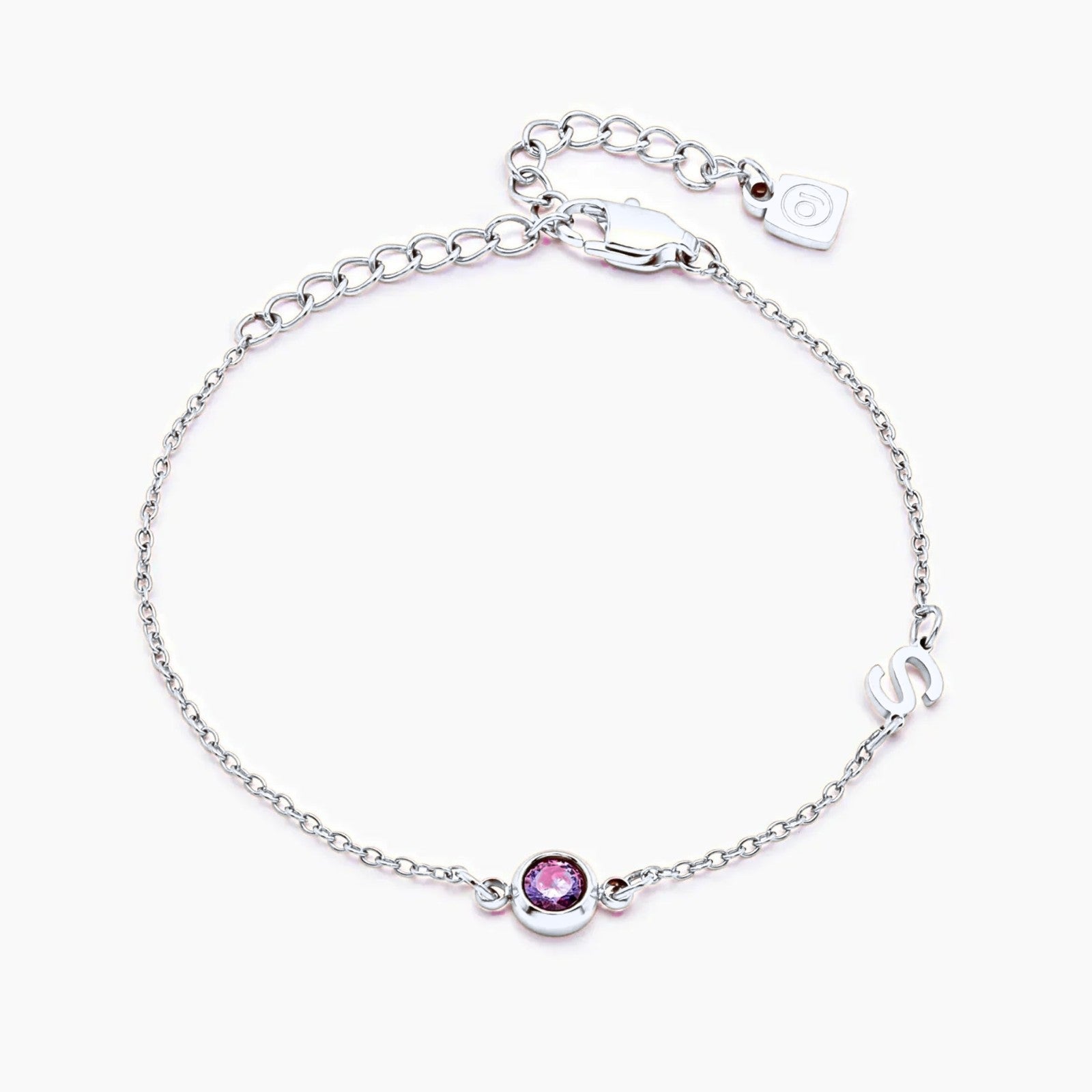 side-set-initial-birthstone-bracelet — Silver / Oct-Pink Tourmaline