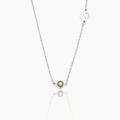 side-set-initial-birthstone-necklace — Silver / Aug-Peridot