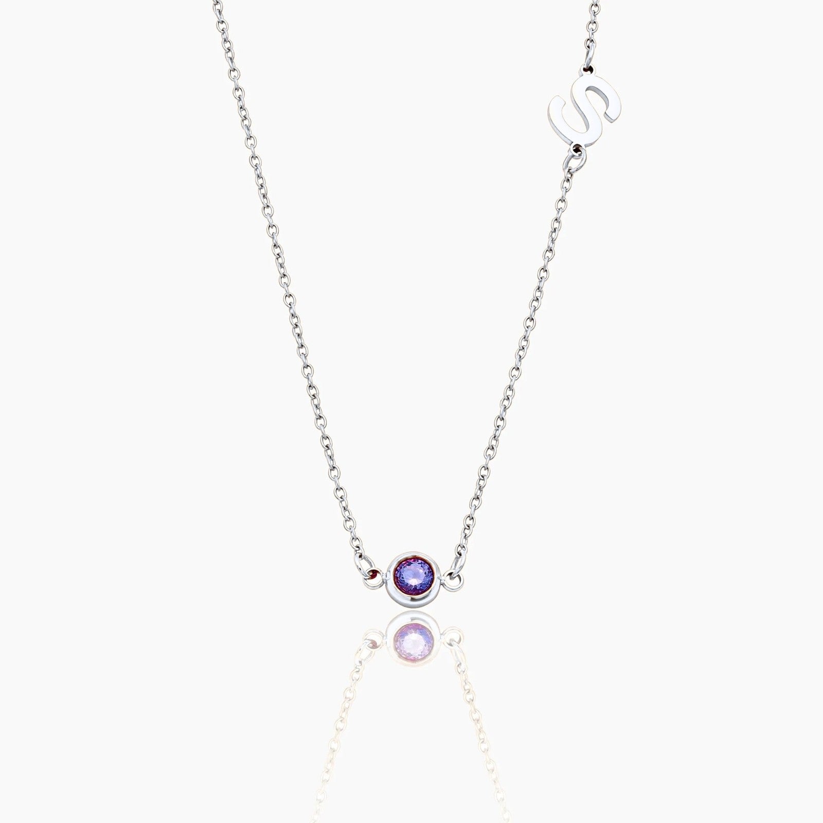 side-set-initial-birthstone-necklace — Silver / Feb-Amethyst
