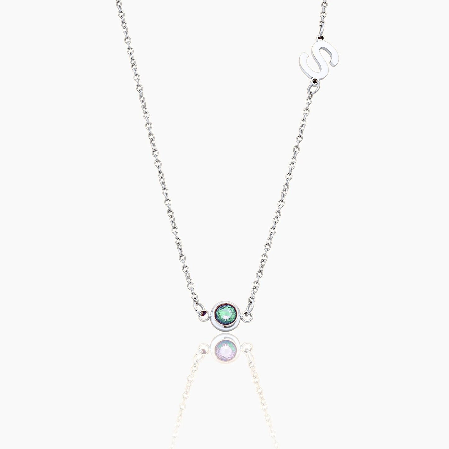 side-set-initial-birthstone-necklace — Silver / Mar-Aquamarine
