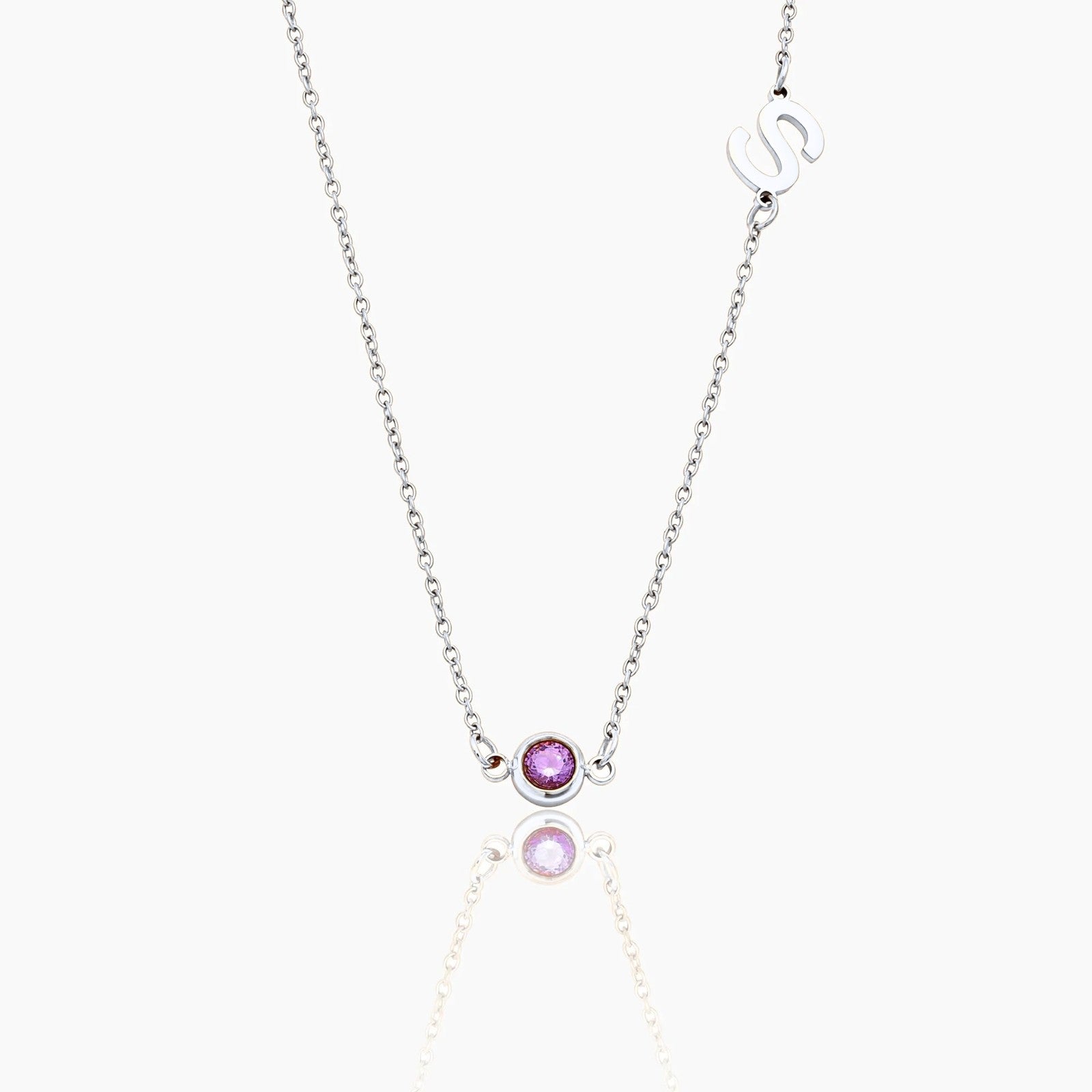 side-set-initial-birthstone-necklace — Silver / Oct-Pink Tourmaline